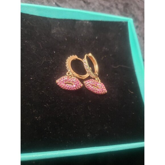 Lip Charm Hoop Earrings 14K Gold Plated CZ Lip Charm Dangle - Picture 4 of 6